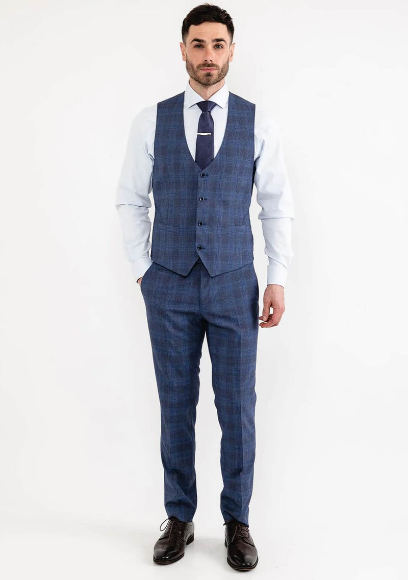 White Label Suit Tapered Fit Prince Of Wales 84060 Check 3 Piece Blue