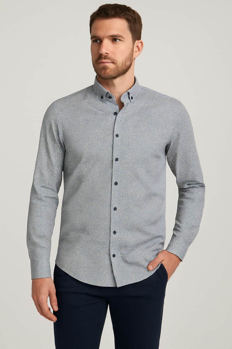 White Label Tapered Fit Casual Shirt Blue/Brown Geometric Northern
