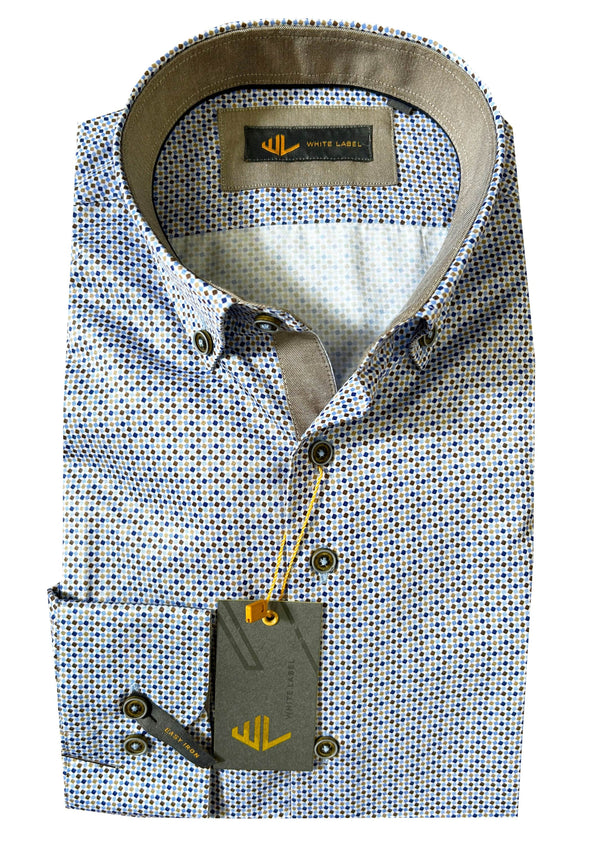 White Label Tapered Fit Casual Shirt Blue/Brown Geometric Northern