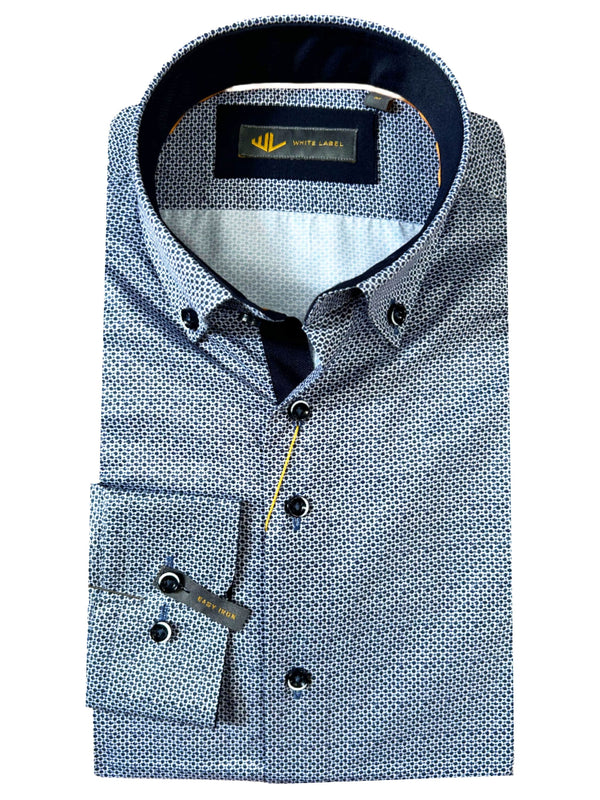 White Label Tapered Fit Casual Shirt Navy Geometric Print Northern
