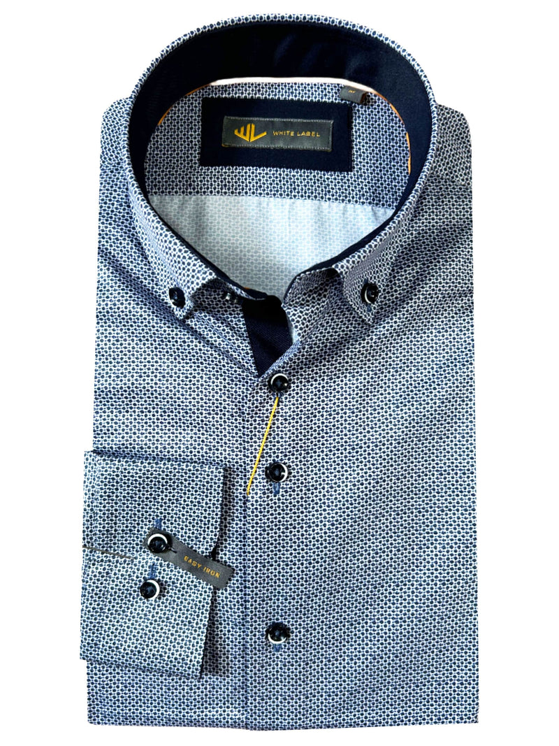 White Label Tapered Fit Casual Shirt Navy Geometric Print Northern