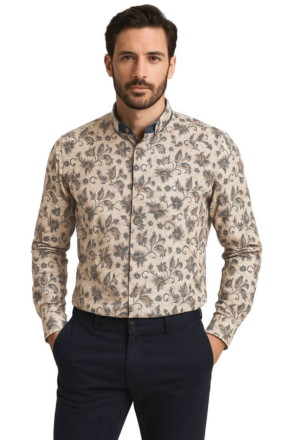 White Label Tapered Fit Casual Shirt Taupe Paisley Print Northern