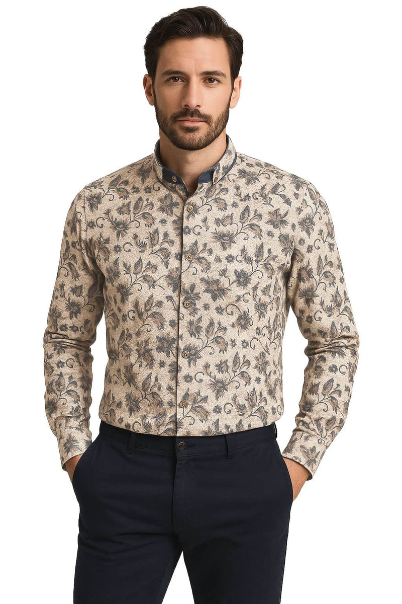 White Label Tapered Fit Casual Shirt Taupe Paisley Print Northern