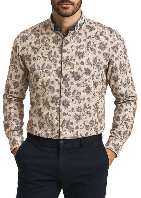 White Label Tapered Fit Casual Shirt Taupe Paisley Print Northern